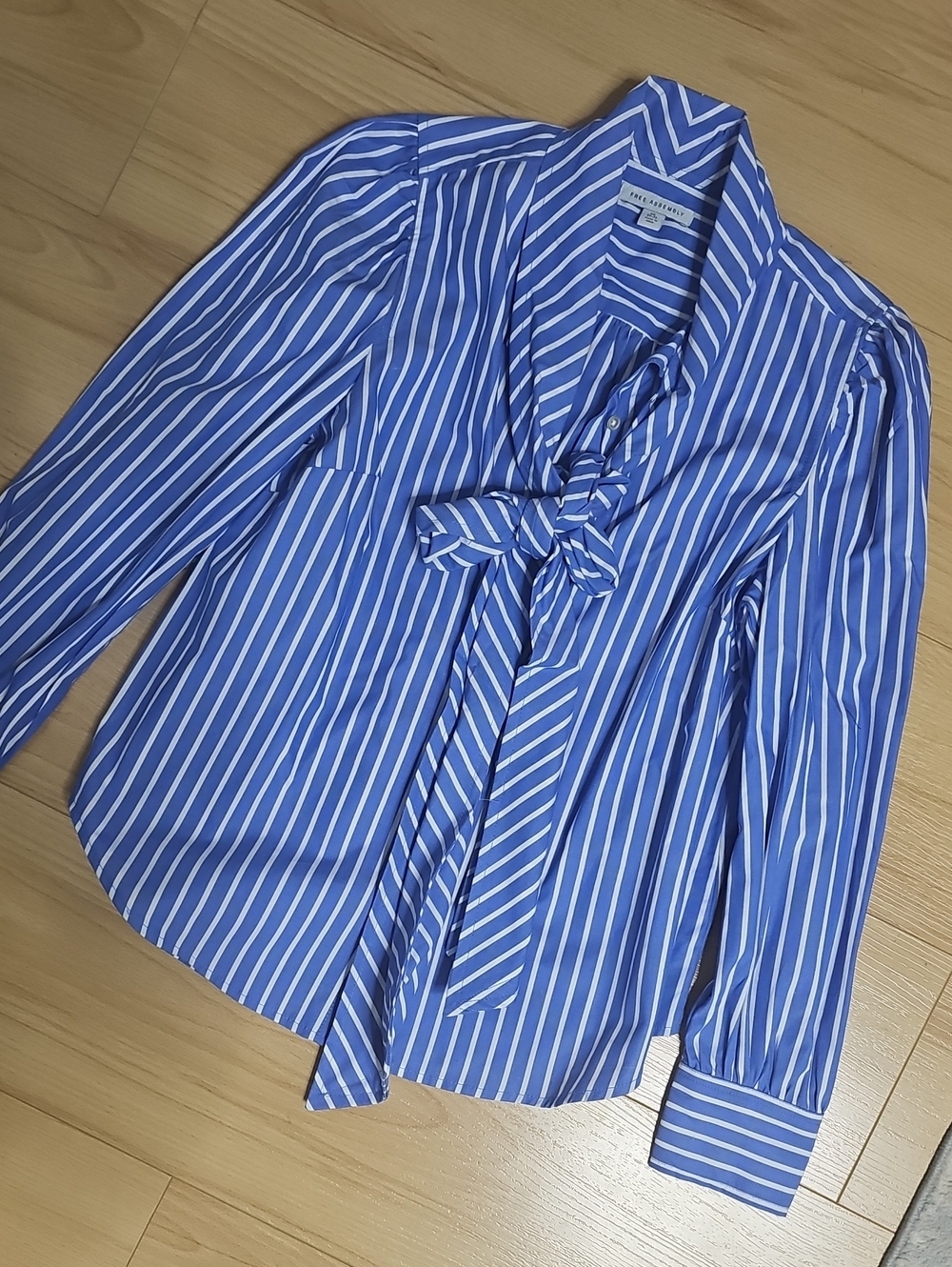 Tie-Neck Striped Button-Down Shirt in Blue and White, NWOT